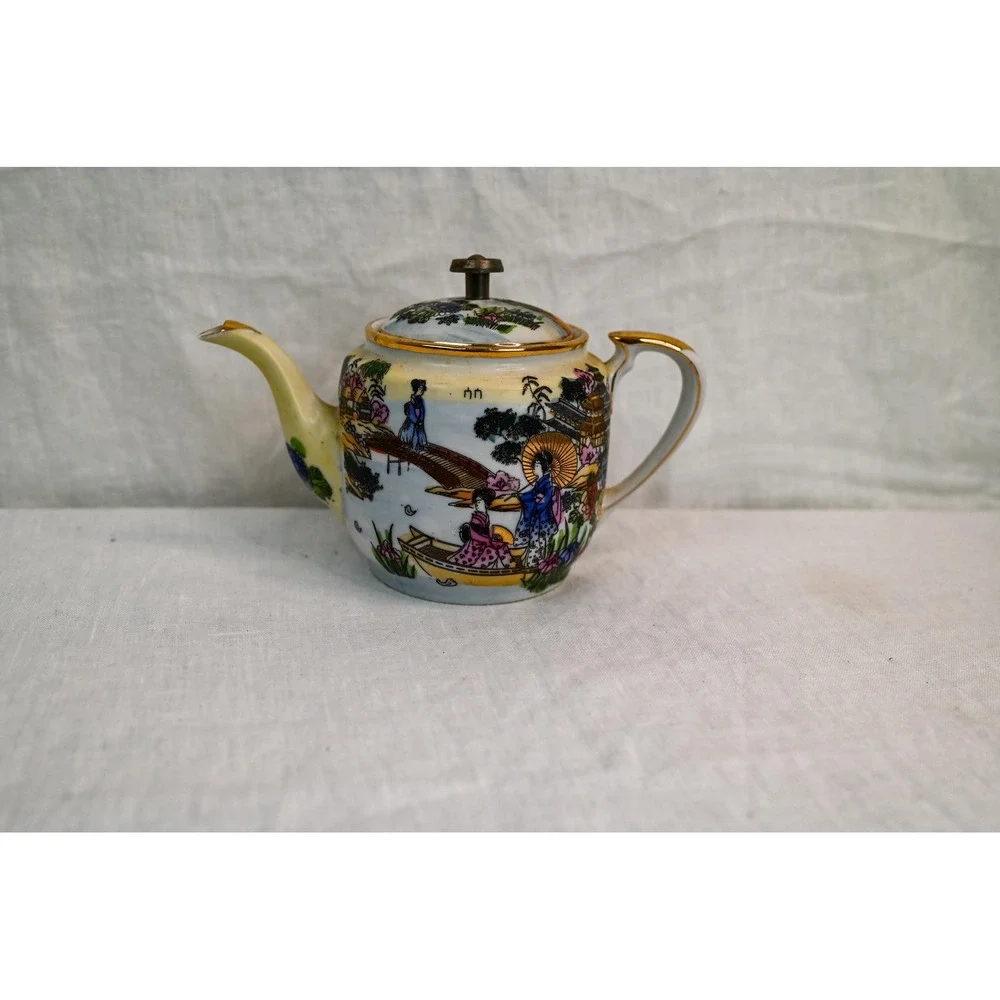 Vintage Japanese Tea Pot Hand Painted Landscape Mount Fuji Gold Trim Yellow Blue
